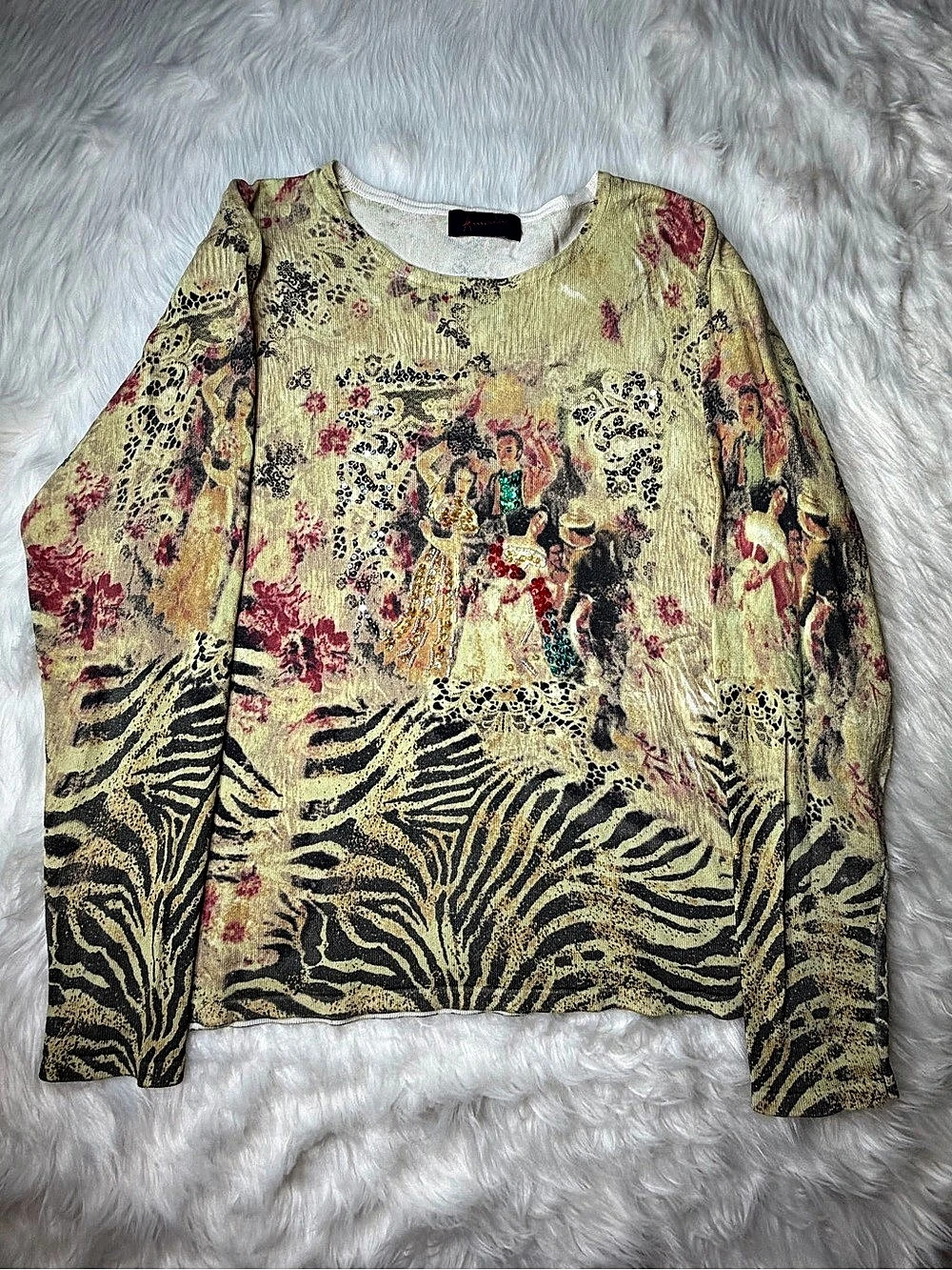 Y2K Amoda Beaded Sequin Embellished Scenic Print Knit Top Animal Print S